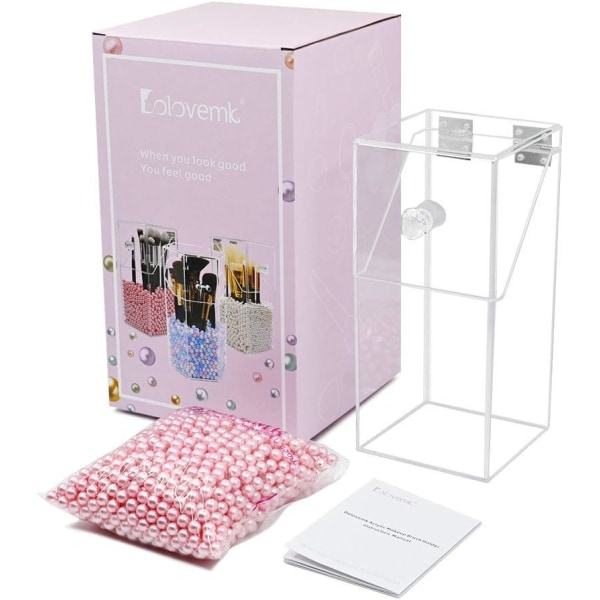 Sminkebørsteholder med lokk, akrylklare arrangører Oppbevaring støvtett boks - Akryl sminkebørstebeholder med rosa perler