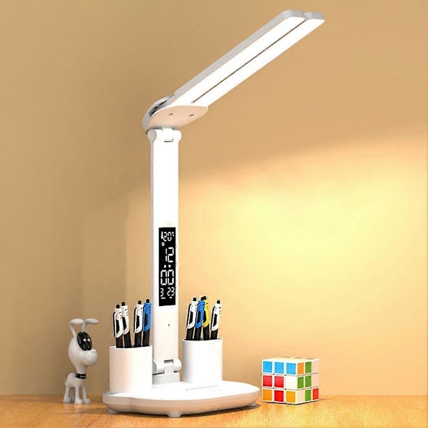 LED Skrivebordslampe med Penneholder/Digital Klokke Multifunksjonell Skrivebordslampe for Husholdning Barnerom A
