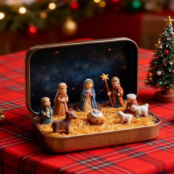 Miniatyrkrubba i plåtlåda, bärbar fickstorlek, presentförpackning med krubbfigur 2pcs