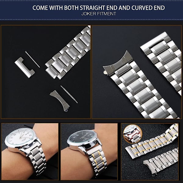 Ubiuo rostfria klockarmband med raka och böjda ändar 5 färger (guld, silver, svart, roséguld, guld-silver tvåfärgad) 9 storlekar (12 mm till 24 mm) Valent