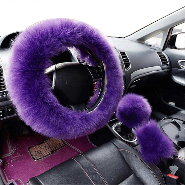 3 kpl/setti Faux Wool -ohjauspyörän, vaihteensiirtovivun ja käsijarrun pehmeä suojus Auton sisustukseen Violet