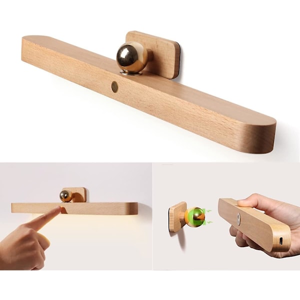 Genopladelig Badeværelsesspejl Lampe, USB Træ Skabslys Touch Dæmpbar Trådløs Badeværelseslys Spejllys Neutral Hvid Natlampe Makeup Lys