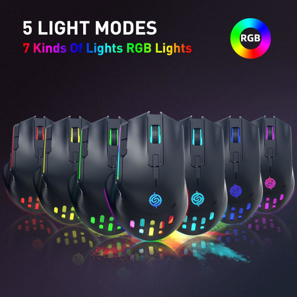Trådlös spelmus, trådbunden och trådlös dubbla lägen Uppladdningsbar RGB-spelmus med 9 knappar, ergonomisk och 3 justerbara DPI (svart)