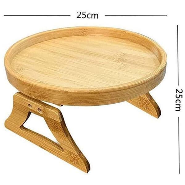 Sammenleggbart sofa-brett i tre, festes til armlenet, med kopp- og snacksholdere
