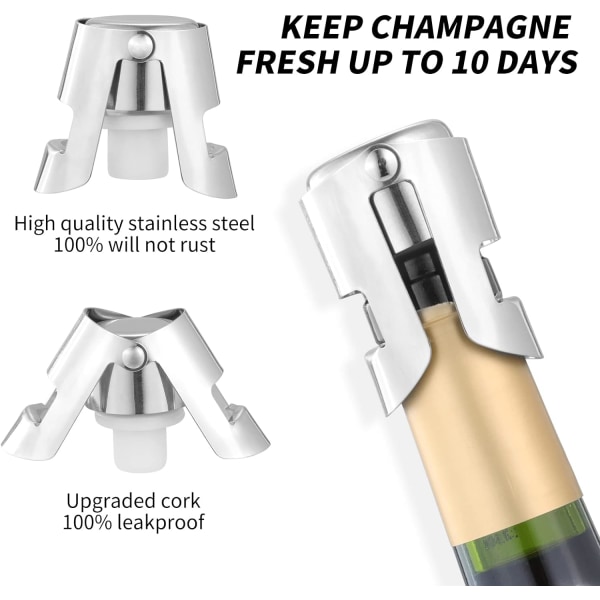 Rustfrit stål vakuumforsegling Champagnepropper til mousserende hætter, lækagesikker bobleholder (2-pak)