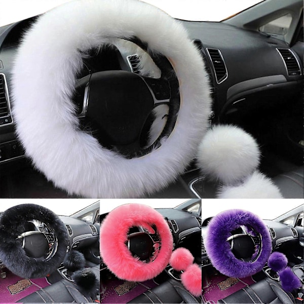 3 kpl/setti Faux Wool -ohjauspyörän, vaihteensiirtovivun ja käsijarrun pehmeä suojus Auton sisustukseen Black
