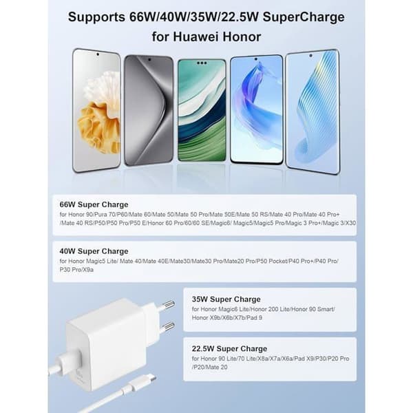 66W Supercharge Hurtigoplader til Honor 90 Lite / 200 Lite – Inkluderer 6A USB-C Kabel (1m)
