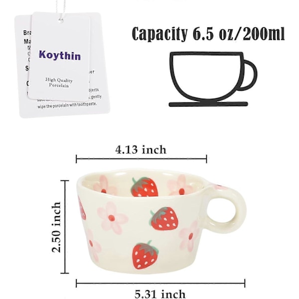 Keramisk kaffekrus, sødt kreativt håndtrykt krusdesign til kontor og hjem, tåler opvaskemaskine og mikroovn, 200 ml til Latte Te Mælk (Strawb