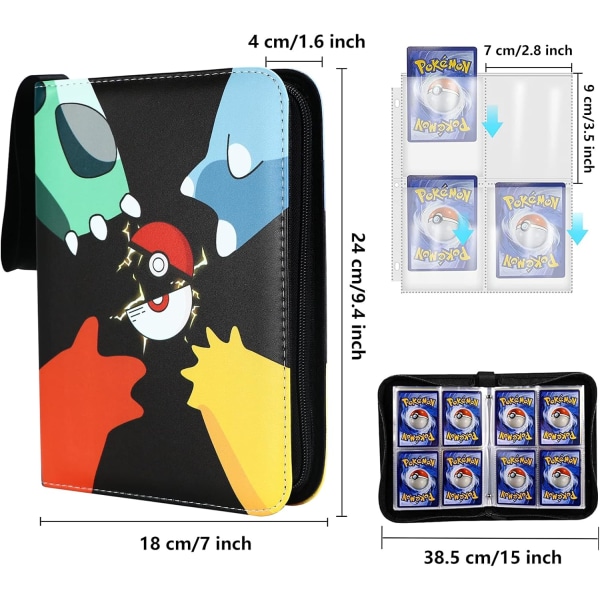 4-lommers samlekortperm, 400-lommers kortmappe for Pokémo n med 50 avtakbare ermer Samlekortholder med glidelås for kortalbum