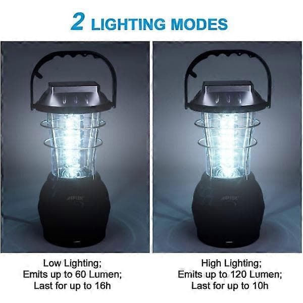 IC Solcellelykt, ultra sterk LED-campinglykt, 2 justerbare lysmoduser, 5 lademetoder, med håndsveivdynamo, lang