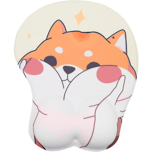 3D-musmatta med handledsstöd, silikonvattentät läderdjurmusmatta, mjuka söta musmattor med basgelhandledsstöd, Shiba Inu