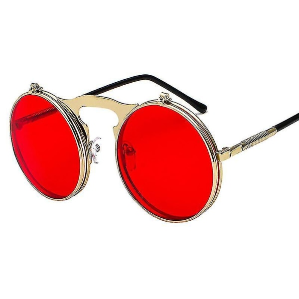 Menn Unisex solbriller Flip Up Lens runde øyebriller Gold Frame Red Lenses