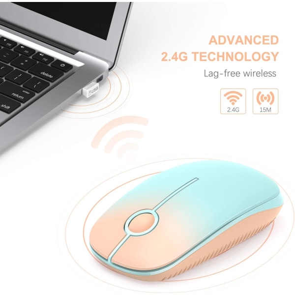 Langaton hiiri, 2.4G Hiljainen hiiri USB vastaanottimella, 18 kuukauden akunkesto, 1600 High DPI Precision, Gradient Orange - Mint Green