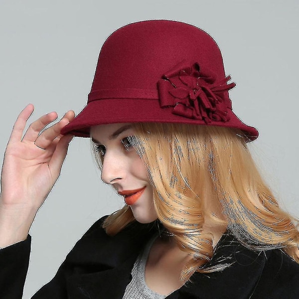 Vintage kvinnor imitation ull enfärgad blomdekor Bucket Hat Bowler Cap Red