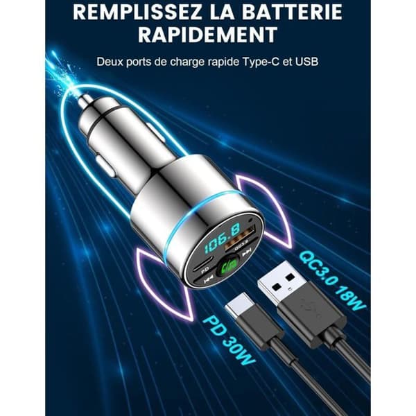 Bluetooth 5.3 FM-sändare, biladapter helt i metall, PD30W Type-C + QC3.0 snabbladdare, handsfree-samtal, Hi-Fi