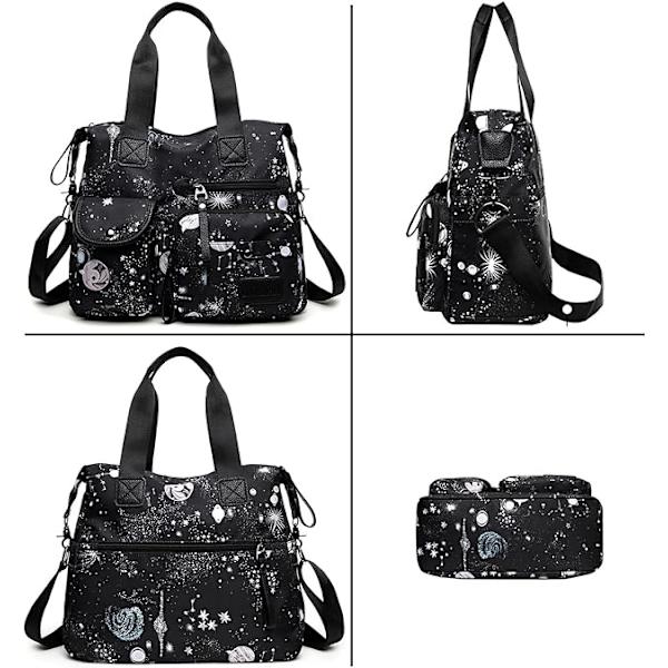 Tote taske til kvinder, stor kapacitet top håndtasker med multi lommer og lynlås, lette dame skuldertasker, nylon crossbody (sort stjernehimmel) Black