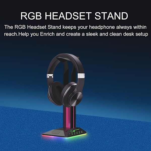 1 Sett Hodetelefonholder 2-i-1 7 RGB Lyseffekter Lysende Sklisikker Base Kabelkrok Atmosfære Belysning med 2 USB-porter Skrivebord Gaming Headset Stativ PC