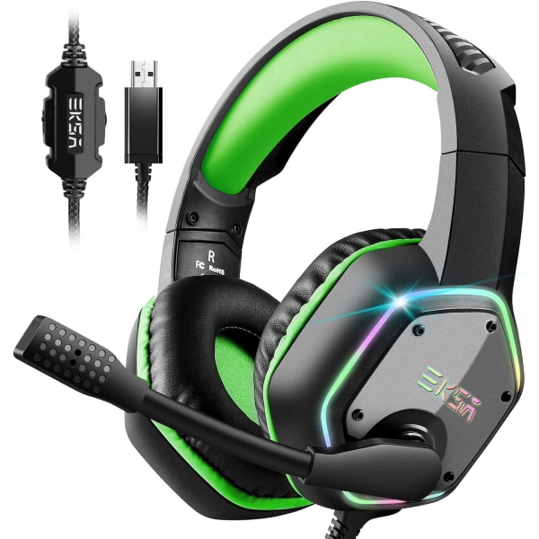 E1000 USB Gaming Headset for PC - Datamaskin Hodetelefoner med Mikrofon/Støydemping, 7.1 Surround Sound Kablet Headset & RGB Lys(Grønn)