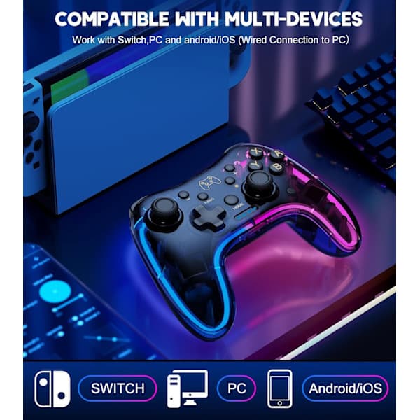 Switch-kontroller kompatibel med Switch/Lite/OLED-kontrollere, Switch Pro-kontroller med RGB pustende LED, Switch-kontroller fjernkontroll støtter Multi