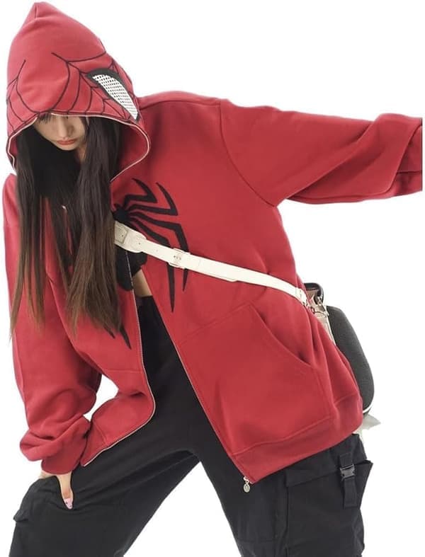 Dame Spider Hettegenser Y2K Oversized Full-Zip Grafisk Hettegenser – Kawaii Stil