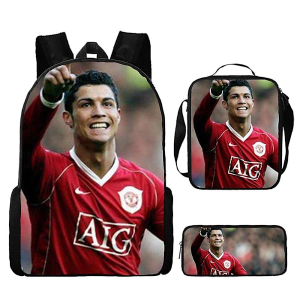 Cr7 Fotbollsstjärna Skolväska Reseryggsäck Lunchväska Pennfodral Set För Barn Studenter 1 3Pcs Set