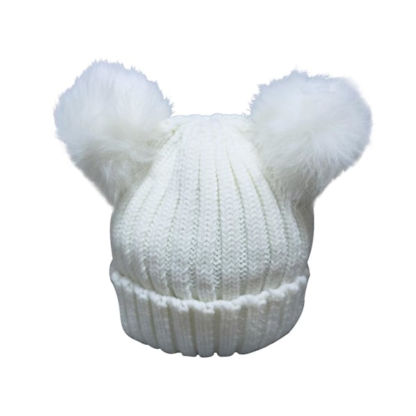 Women's Winter Chunky Knit Beanie Hat With Double Faux Fur Pom Pom Ears (white)