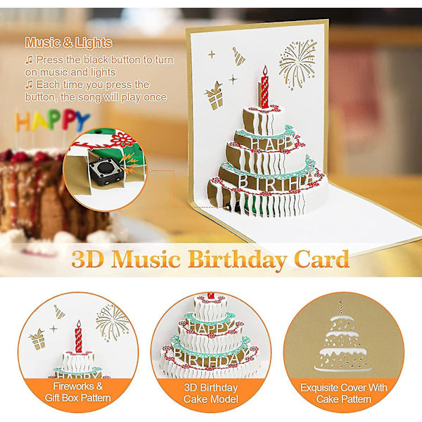 Syntymäpäiväkortti musiikilla ja valolla, 3D-popup-onnittelukortti kirjekuorella, kulta