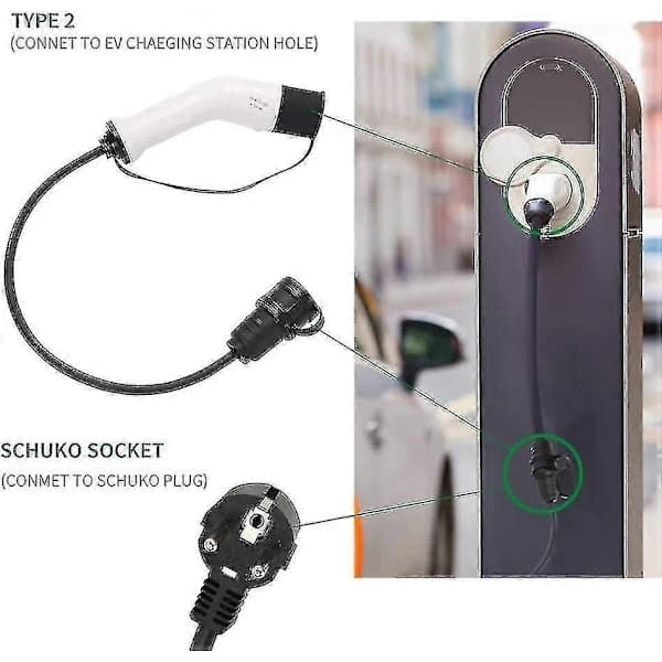 Tyyppi 2 - Schuko 16A sähköauton lataussovitin - valkoinen ja musta