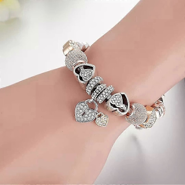 Naisten korut kultainen charmirannekoru Pandora-tyyliin ruusuhopeanvärisenä, 19 cm sydäncharmeilla, rannekorut Y2K, käsikorut, rannekoru naisille/teineille Rose Gold