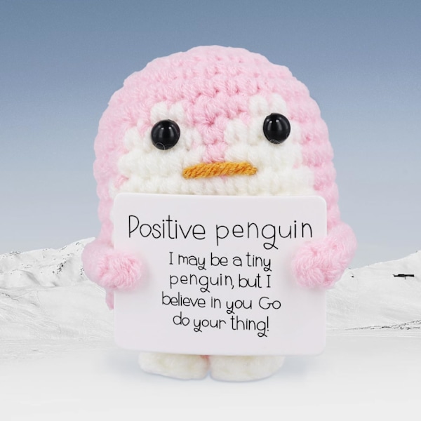 Rolig positiv pingvin, 2,6 tum emotionellt stöd pingvinleksak med positivt kort pingvin gåvor virkad handgjord docka för vänner uppmuntran dekoration Pink