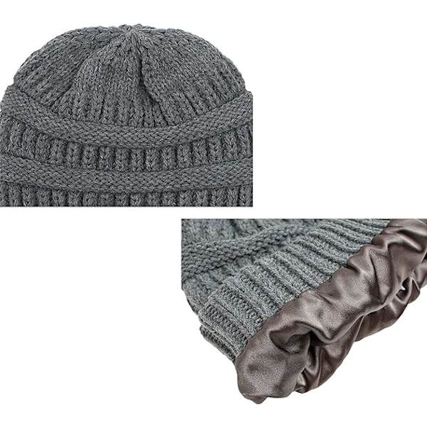Vintervarm Stickad Mössa med Satinfoder Kabel Stickad Beanie Chunky Slouchy Skallehatt för Kvinnor (Grå)