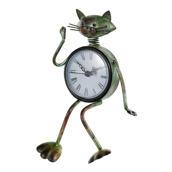 Tooarts Cat Clock Håndlaget Vintage Metal Jern Cat Figurine Mute Bordklokke Praktisk klokke
