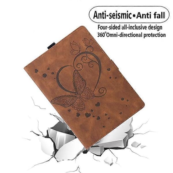 Lærtablettveske med sommerfugl-embossing for Samsung Galaxy Tab A9 Brown