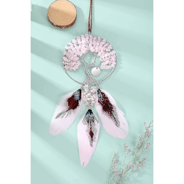 Drømmefanger Livets Træ Hængende Dekoration Rosenkvarts Helbredende Krystaller Pink Dreamcatcher  Aespa