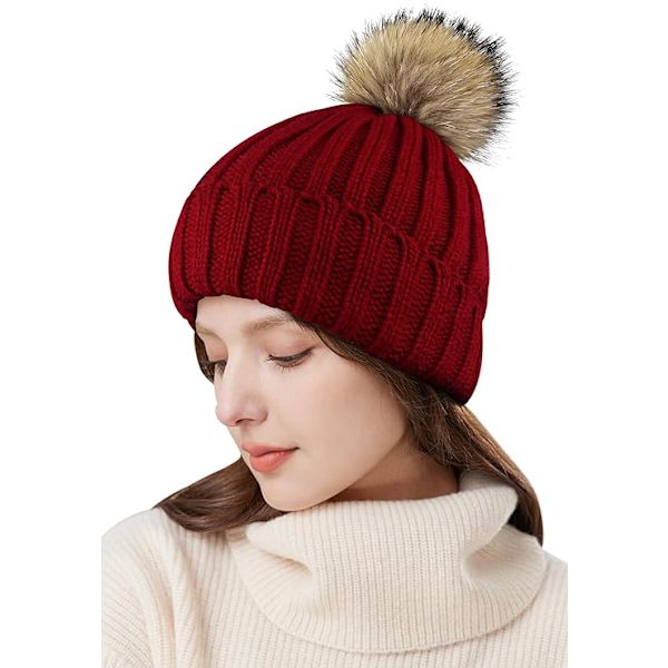 Beanie-luer for kvinner, vinterluer for damer, termiske varme vinterluer for kvinner utendørs sport med avtakbar pompom