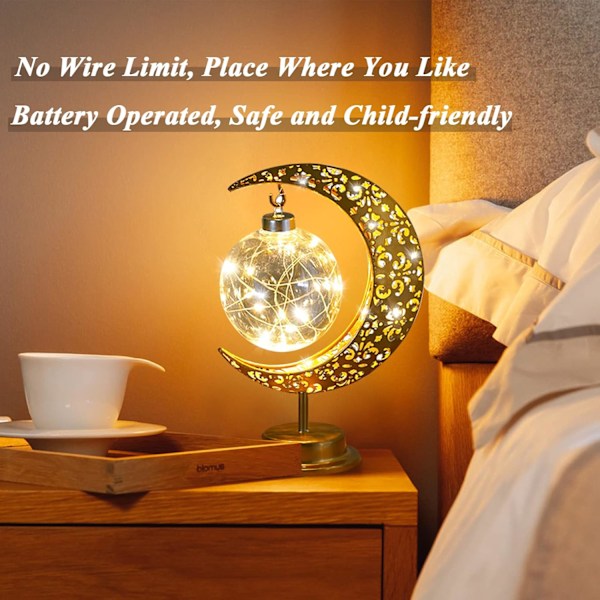 Måne Bordlampe Batteridrevet Halvmåne Lampe Vintage Metal Ramadan Stjerne Lampe Måne Trådløs Lampe Eid Dekoration B