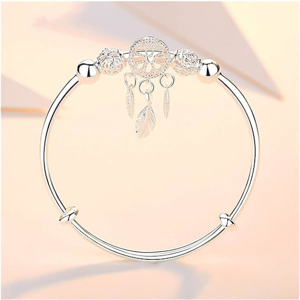 Damearmbånd Justerbart Sterling Sølv Drømmefanger Duskkule Charm Armbånd Armring Til Kvinner Elegant Smykker(Sølv)