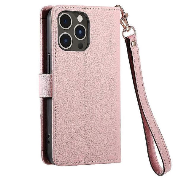 Etui til iPhone 14 Pro Wallet Love Lynlås Læder Etui Lanyard Pink