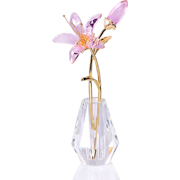 Kristallblomma Figur Lily Blomma Samlarobjekt Present till Kvinnor, Glas Lilium med Kristallvas Metallstam för Hem Bröllopsfest Dekor Pink