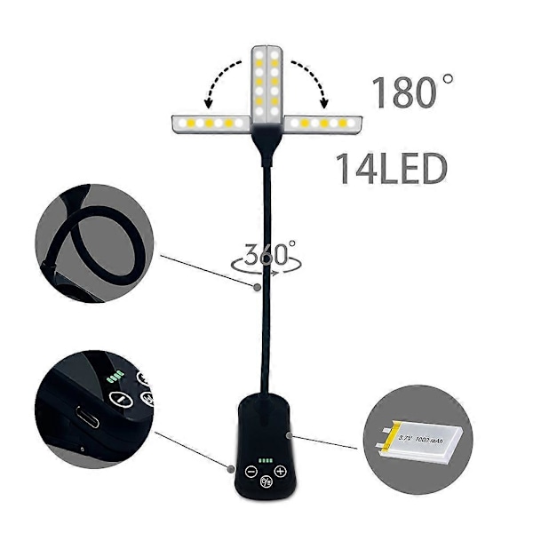 Fleksibel Dobbel Hodet Klemme Boklampe Oppladbar Lett Nattlampe for Sengelesing White