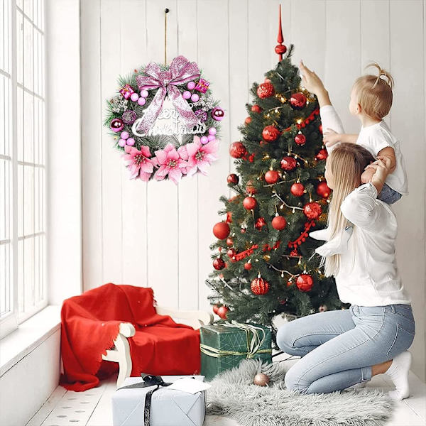 Julekranse til Fordøren, 40 cm/15.7 tommer Kunstig Julekrans Vinter Julekrans Dekoration med Sløjfe Blomster Kugle (Pink)