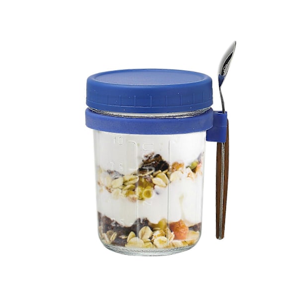 Glasbehållare för Havregryn med Sked - 350ml Flerfärgad 30 cl Mason Jar med Bred Öppning för Overnight Oats, Flingor, Yoghurt - Lufttät Förslutning och Läcksäkert Lock Blue 350ML