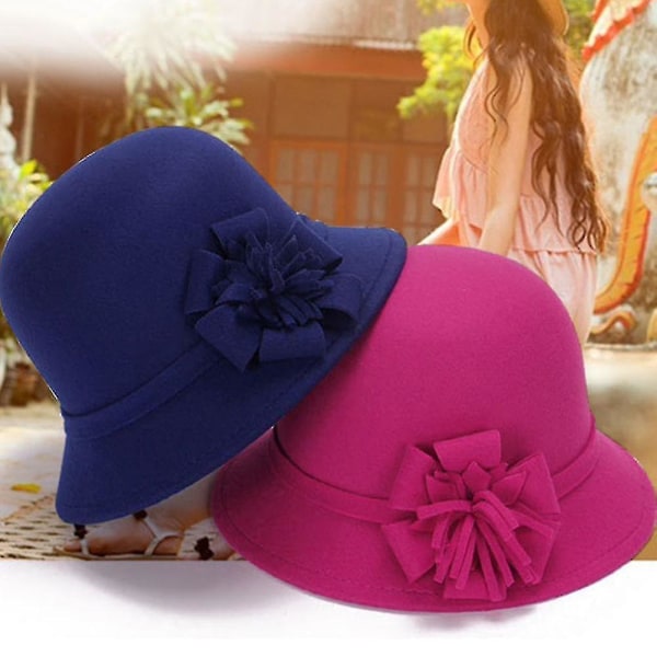 Vintage kvinnor imitation ull enfärgad blomdekor Bucket Hat Bowler Cap Sapphire Blue