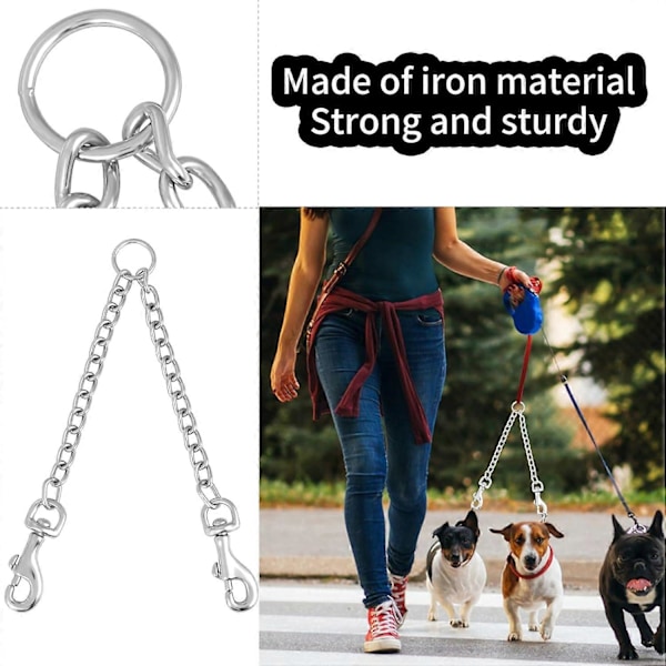 Metall Dobbel Hundeleie Kobling, Flokefri Tyggebestandig Slitesterk Hundekjede Hundeleie Forlengelse Splitter Leie for 2 Hunder