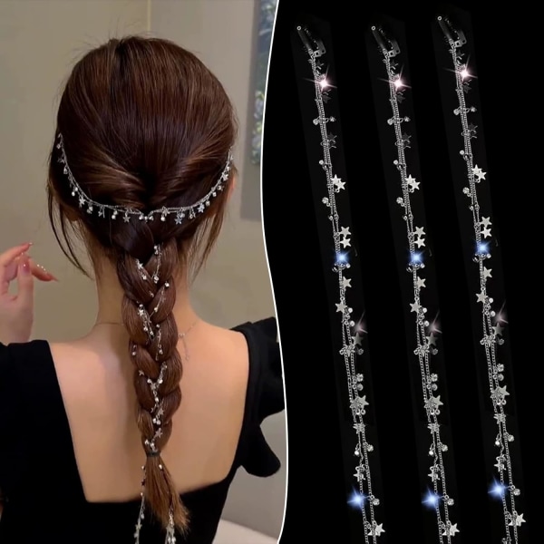 3 kpl pitkä strassihiusketju, hopeinen kuu- ja tähtitassu hiusleike, poninhäntä monisäikeinen hiuskoru leteille Bling Crystal Braided Hair Chain