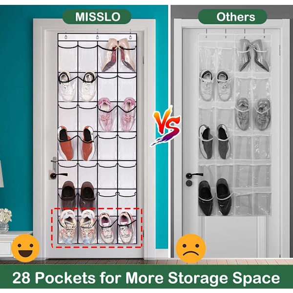 28 fickor över dörr skohylla hängande skoförvaring rack stor klar skohållare galge för garderob dörr arrangör, vit