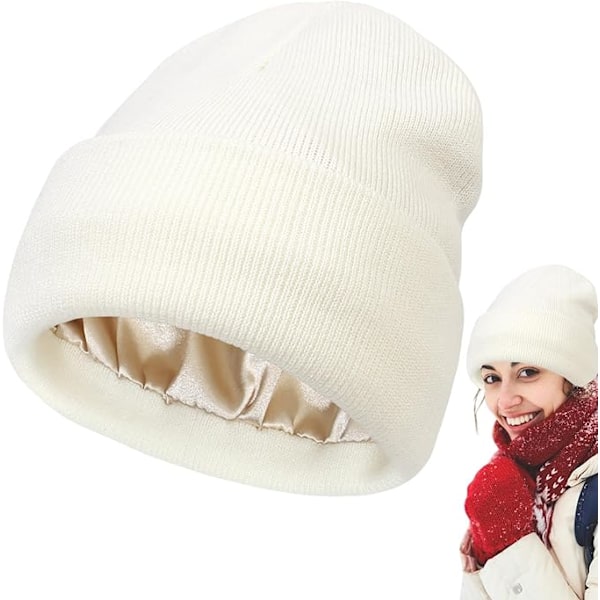 Satinfodrade vintermössor, satinfordrad beanie vintermössa, stickad klockhatt med silkefoder, silkefodrad slouchy beanie, unisex enfärgad skullcap White