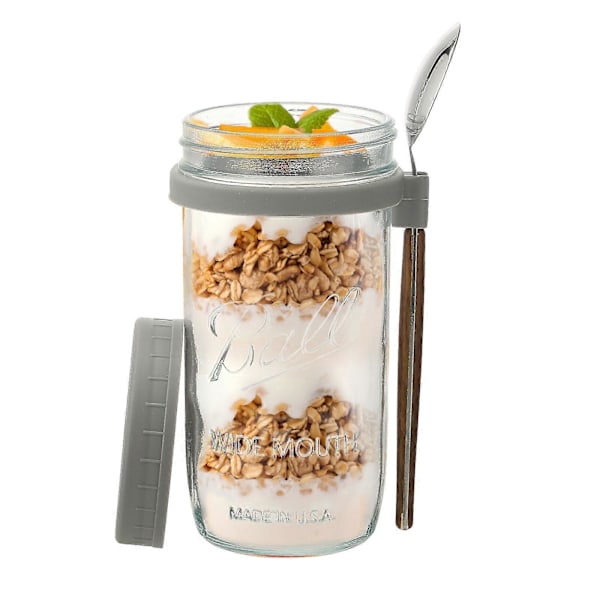 Glasbehållare för Havregryn med Sked - 350ml Flerfärgad 30 cl Mason Jar med Bred Öppning för Overnight Oats, Flingor, Yoghurt - Lufttät Förslutning och Läcksäkert Lock Grey 600ML
