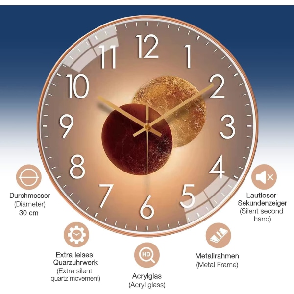 Modern 30cm kvarts tyst väggklocka: Guld, ingen tickande - kök, vardagsrum