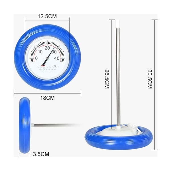 Pooltermometer med blå flydering – Plasthus – Rustfri stålsonde – Stor 26,5 cm urskive